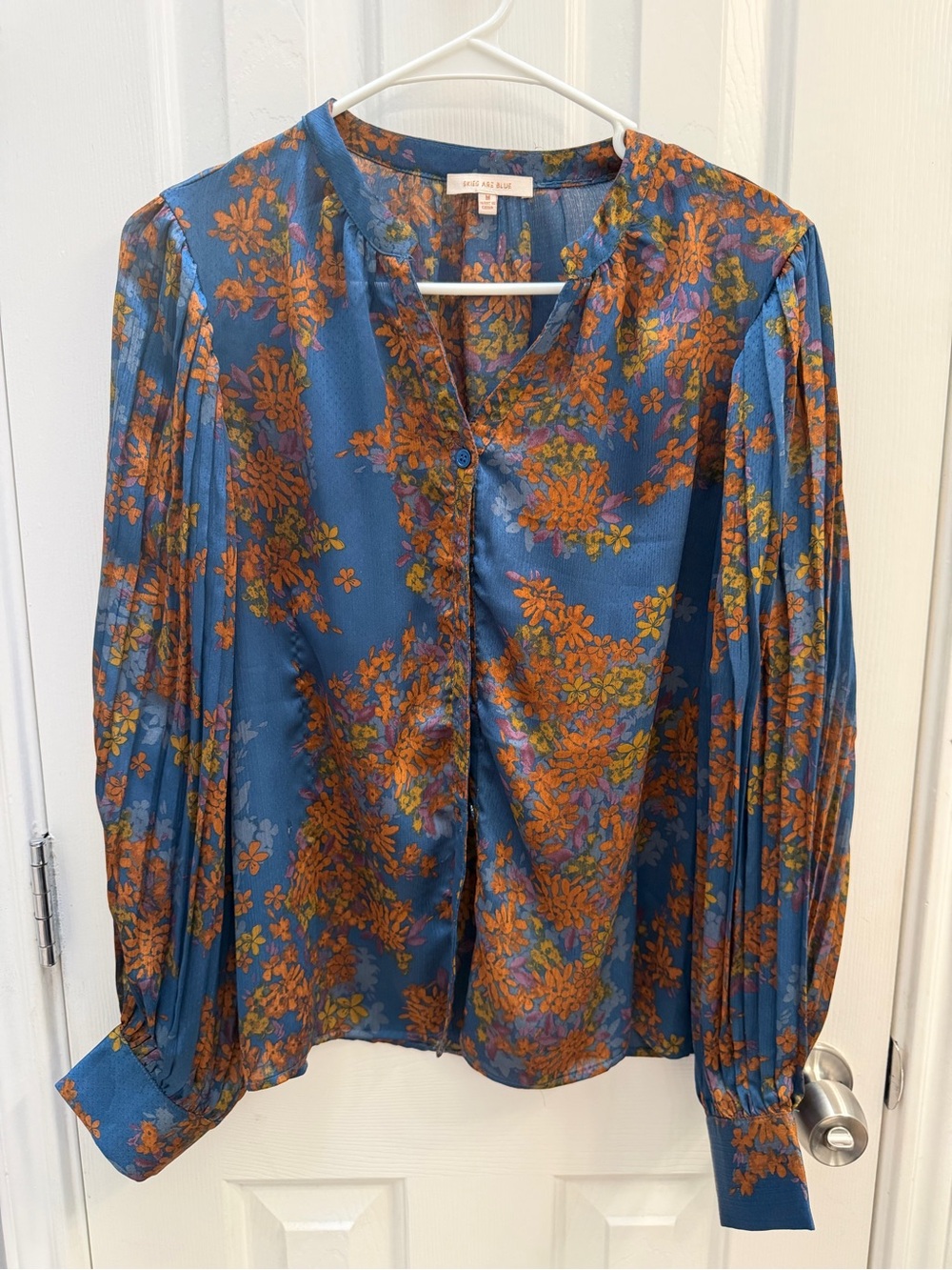 Skies Are Blue Teal Floral Button-Front Blouse with Orange Accents